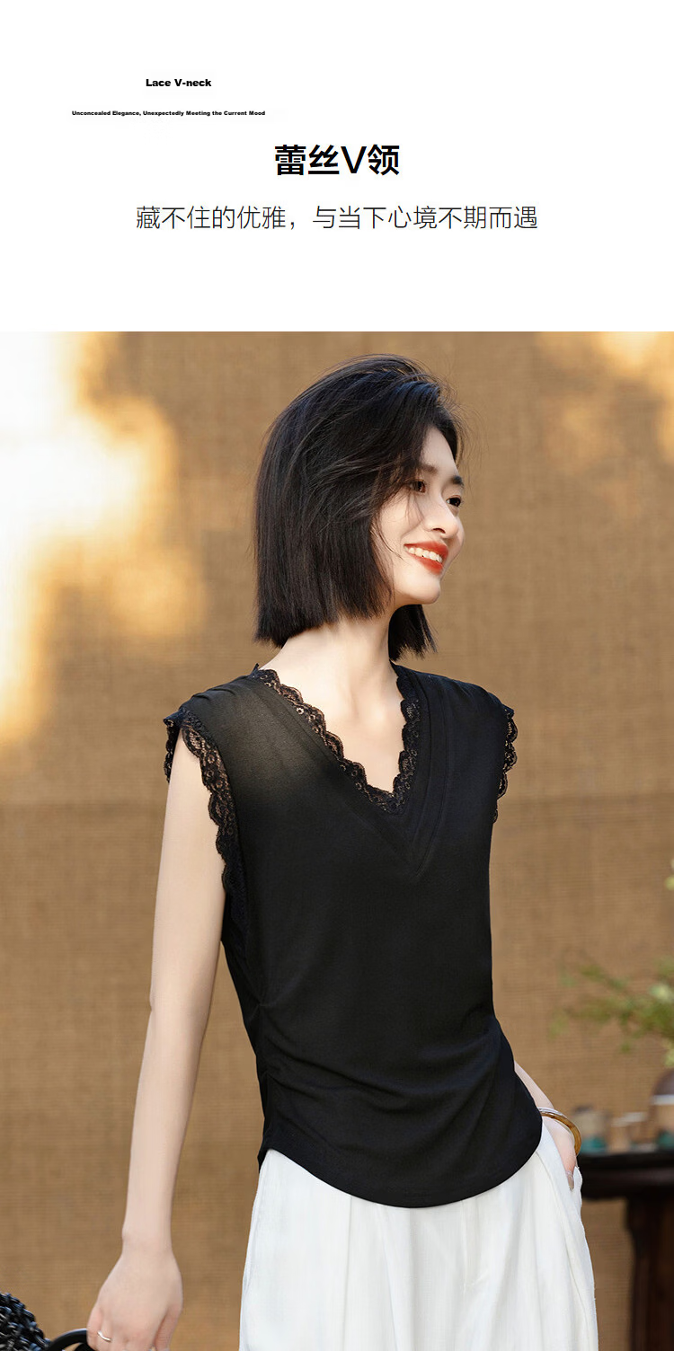 Demana [with Lyocell] Summer Elegant Lace V-Neck Sleeveless Side Ruched Slimming T-Shirt for Women 7
