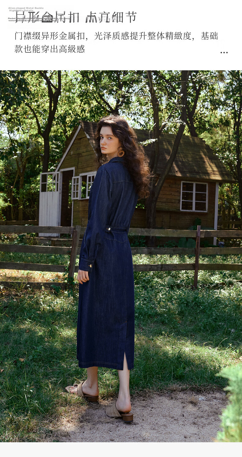 Olrain Vintage V-Neck Waist-Cinched Denim Long Sleeve Dress for Women Spring Shirt-Style Long Dress Denim Blue M 10