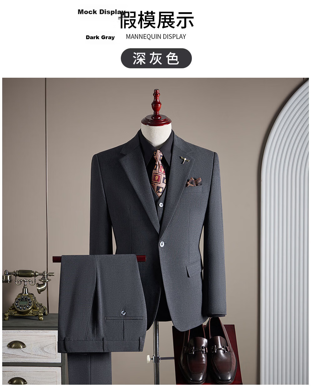 ROMON Men's Business Suit Set Blazer + Vest + Trousers Wedding Formal Jacket Black 3XL 14