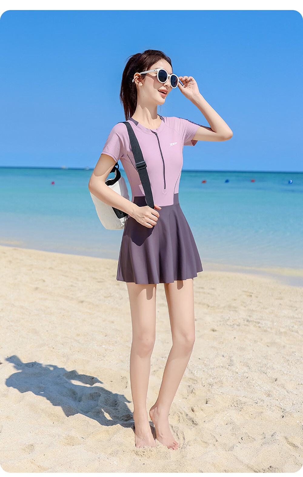 Xtep Women's Conservative Slimming One-Piece Swimsuit with Skirt, Color Block, Fashionable, Comfortable, Professional Training, Sporty, Sun Protection Swimwear 14