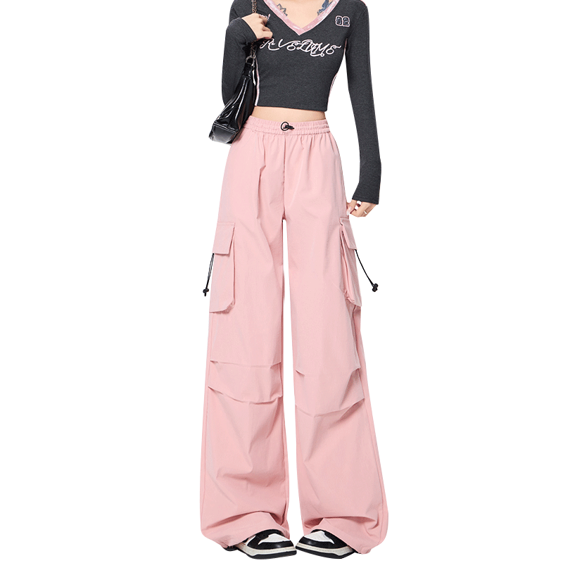 LangSha Spring And Summer Wide-Leg Cargo Pants for Women, American-Style Tactical Hiking High-Waist Paratrooper Pants, Casual Street Dance Quick-Dry Sports Trousers