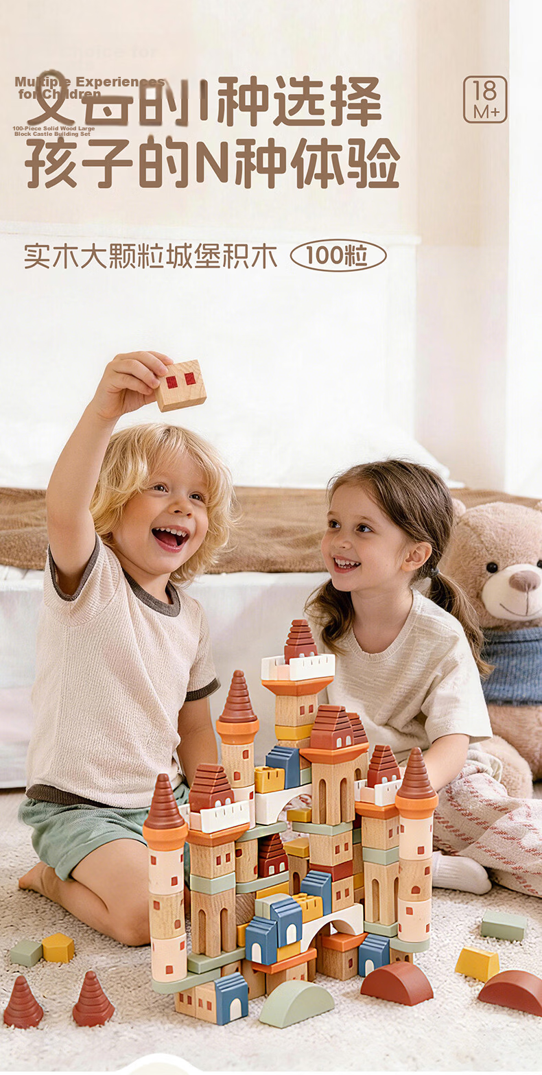 Fegani Solid Wood Creative Castle Building Blocks Gift Box Children's Assembly Construction Educational Toy Large Particles Birthday Gift for Boys and Girls 2
