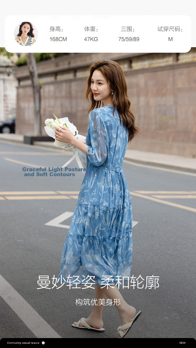 Demana Lightweight Summer Romantic Round Neck Printed Five-Sleeve Ruffle Hem Slim Fit Dress for Women Premium Quality 9