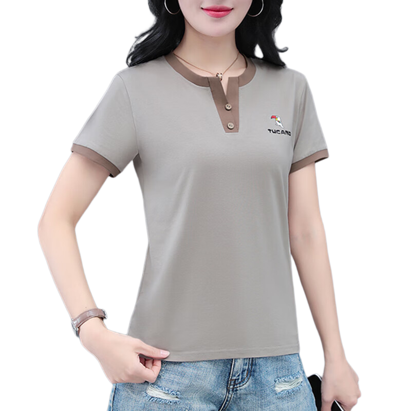 Woodpecker Pure Cotton Crew Neck Shoulder-Fit Short Sleeve T-Shirt for Women Summer New Slim Fit Half Sleeve Top Gray XL