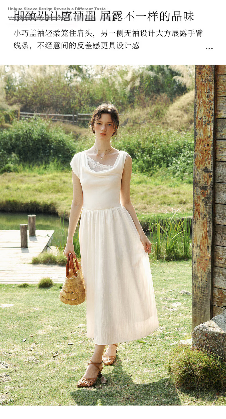 Olrain Eurielle Summer Lyocell Dress French Asymmetric Off-Shoulder Lace Splice Waist Dress White L 3