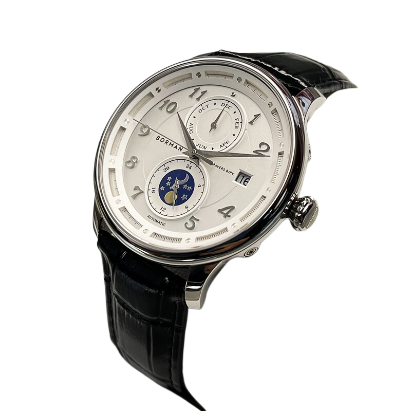 BORMAN BORMAN Men's Mechanical Watch, Fully Automatic Multifunctional Luxury Watch, Silver Case, White Dial, Black Leather Strap
