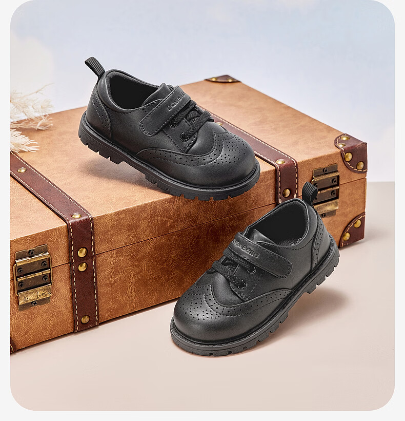 DAVE & BELLA Children's Academy Gentleman Style Leather Shoes Boys Autumn Non-slip Black Shoes for Older Kids 15