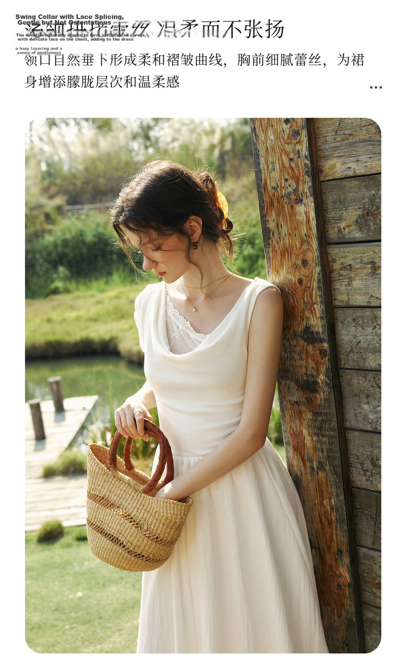 Olrain Eurielle Summer Lyocell Dress French Asymmetric Off-Shoulder Lace Splice Waist Dress White L 4