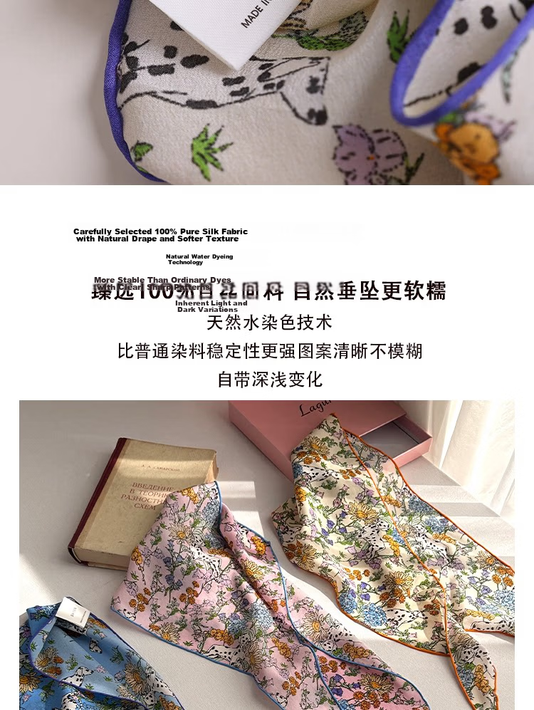 Lagur "French Wonderland" 100% Mulberry Silk Small Scarf 12 Momme Silk Triangle Neck Scarf Spring Autumn Cream Yellow 11
