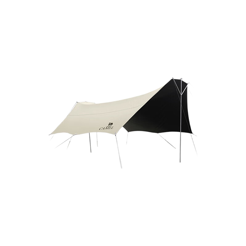 CAMEL "Peng" Black Gel Tarpaulin Three-Pronged Pole Tarp Tent, Large Outdoor Black Gel Sunshade Canopy, Mocha Color