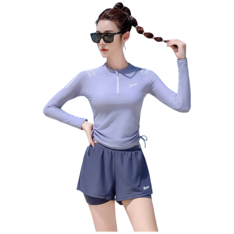 Xtep Women's High-End Long Sleeve Two-Piece Swimsuit, Tummy Control, Slim Fit, Conservative, Fashionable Beach Vacation Swimwear