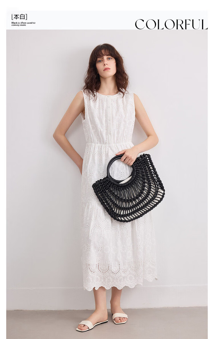 Demana [Cloud Breath Pure Cotton] Summer Artistic Fresh Heavy Embroidery Sleeveless Waist-Cinched A-Line Mid-Length Dress for Women 3