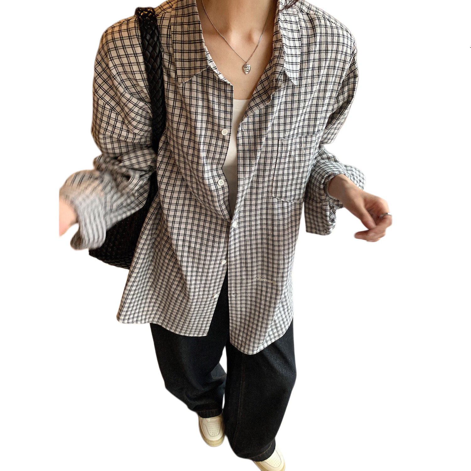 ICH MODE "Plaid Collector" Korean Retro Casual Black and White Plaid Long Sleeve Shirt Spring Autumn Shirt Silver Gray L