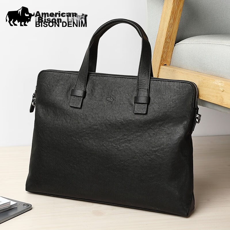 American Bison Men's Genuine Leather Business Briefcase Horizontal Casual Laptop Bag Birthday Gift