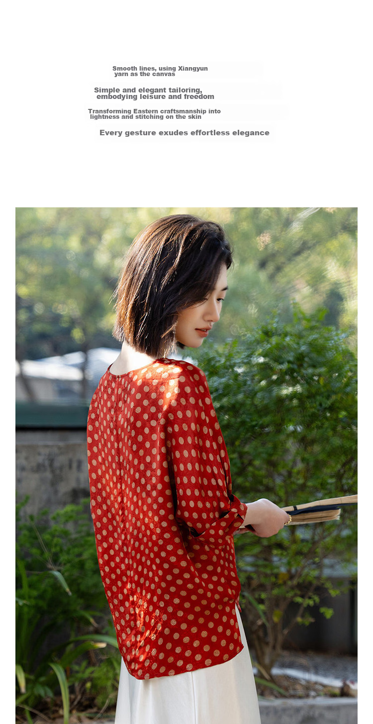 Demana [Silk Cloud Yarn] Summer National Style New Chinese Round Neck Turned-Edge Short Sleeve Loose Slim Shirt for Women High-End Feel 6