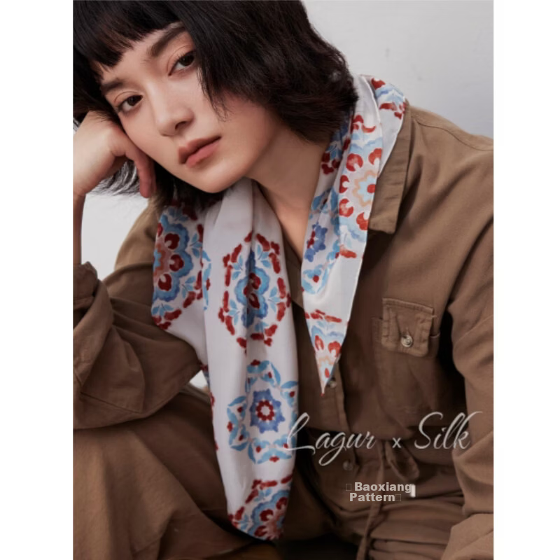Lagur "Oriental Precious Pattern" 100% Double Crepe Pure Silk Twill 12 Momme Square Scarf Mulberry Silk Precious Pattern Silk Scarf