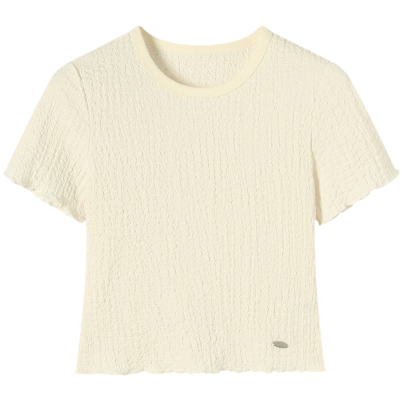 TonLion 2026 Summer New Short Sleeve T-Shirt Women Round Neck Textured Waist Slim Top Stylish Petite