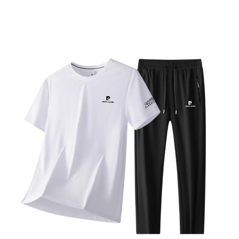 Pierre Cardin Short-Sleeve T-Shirt for Men, Summer Half-Sleeve Shorts, Ice Silk Quick-Dry Set with Casual Pants Two-Piece Suit, White, 2XL