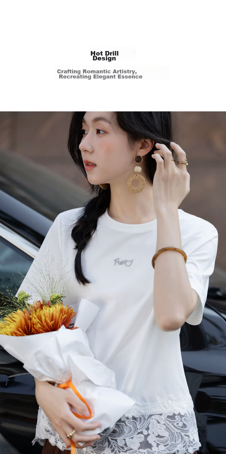 Demana [Qinshuang Solona] Summer Simple Style Rhinestone Lace Trim Letter Slim Fit T-Shirt for Women Premium Feel 7