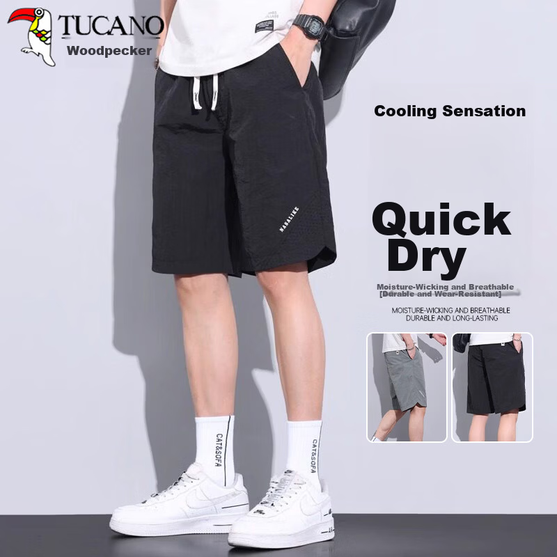 TUCANO Men's Summer Casual Lightweight Ice Cooling Breathable Beach Shorts Quick-Dry Sports Five-Point Pants Black M