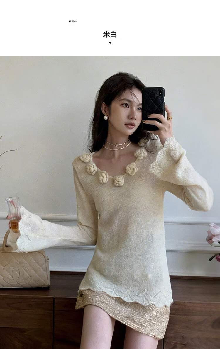 MT Spring Sweet 3D Crochet V-Neck Knit Sweater with Fluffy Wool, Slim Fit Women's Top 9