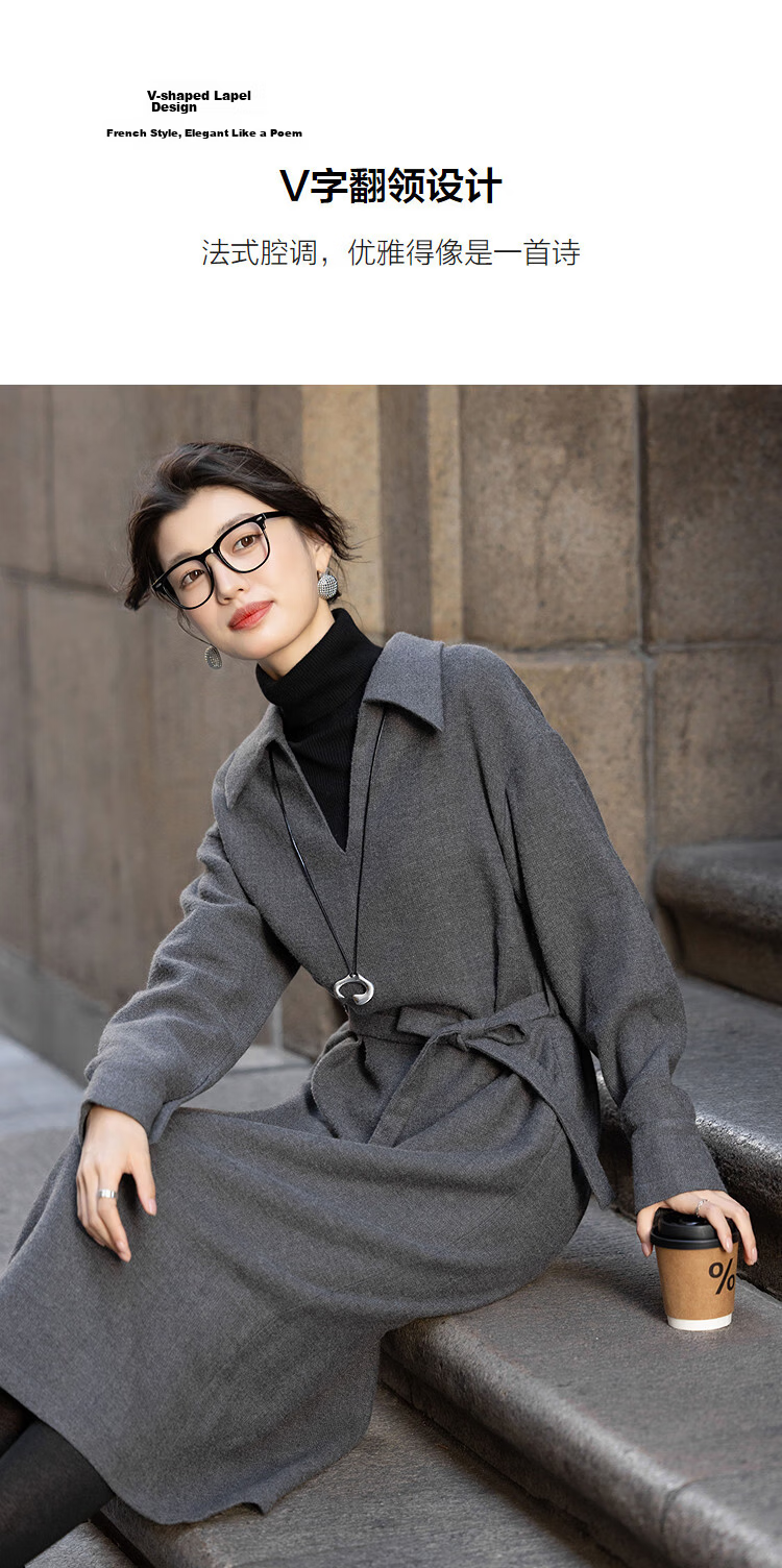 Demana [French Luxury Style] Winter Urban V-Neck Thick Textured Wool Belted A-Line Women's Dress 7