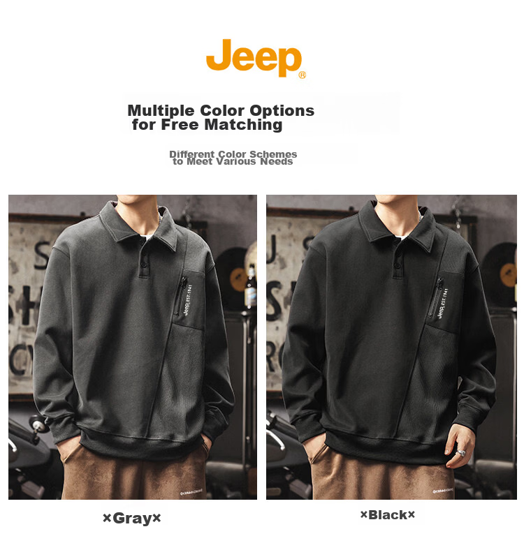 JEEP Men's Heavyweight Long Sleeve Polo Sweatshirt Spring Autumn Black XL 3