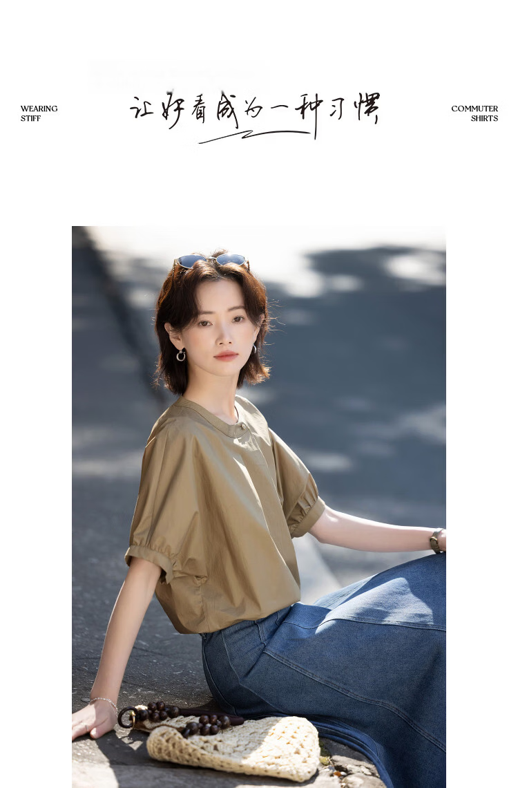 Demana [Cloud Share 100 Cotton] Summer Commuter Round Neck Waterdrop Asymmetric Button Loose Slimming Shirt for Women Premium Feel 9