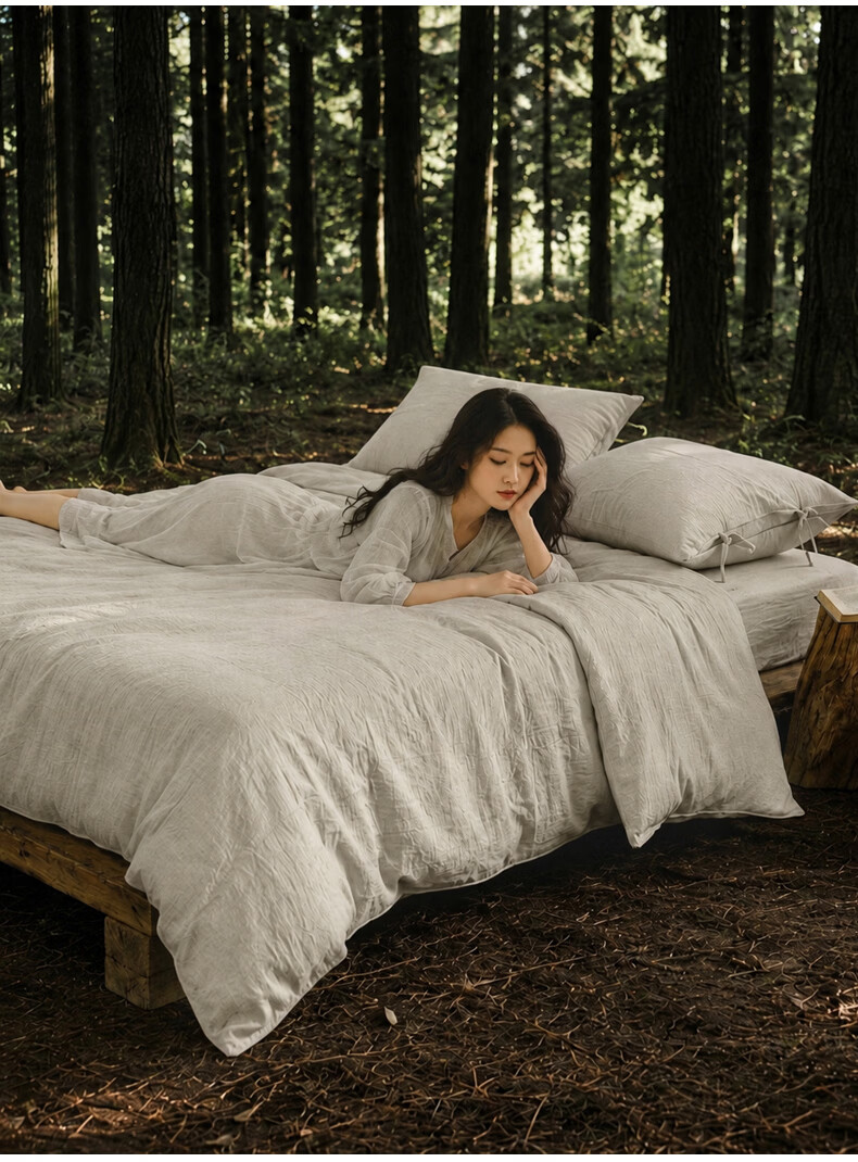 MUJI Linen Four-Piece Set Wabi-Sabi Style Luxury Bedding 1.5/1.8m Bed Duvet Cover 200x230cm Cotton Linen Sheet Tied Four-Piece Set 4