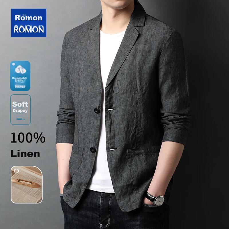 ROMON 100% Pure Linen Men's Blazer Spring Autumn Casual Solid Color Single-Breasted Slim Fit Korean Style Lightweight Jacket