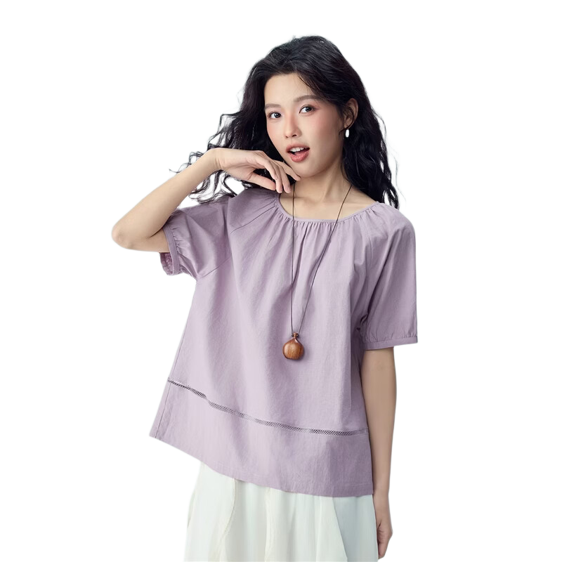Giordano Women's Summer New Cotton Linen Loose Round Neck Hollow Raglan Short Sleeve Shirt 05346471
