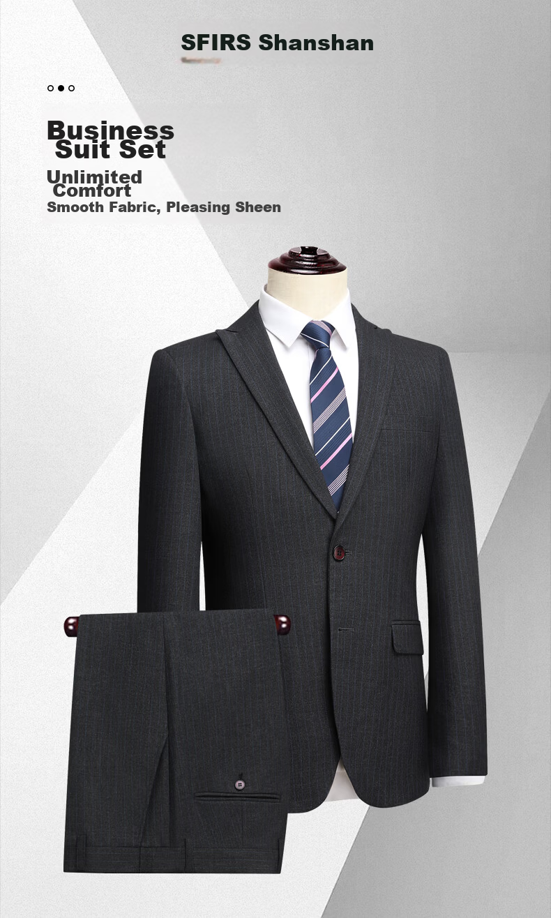 Shanshan Men's Slim Fit Business Formal Suit Set Striped Casual Groom Wedding Attire 1