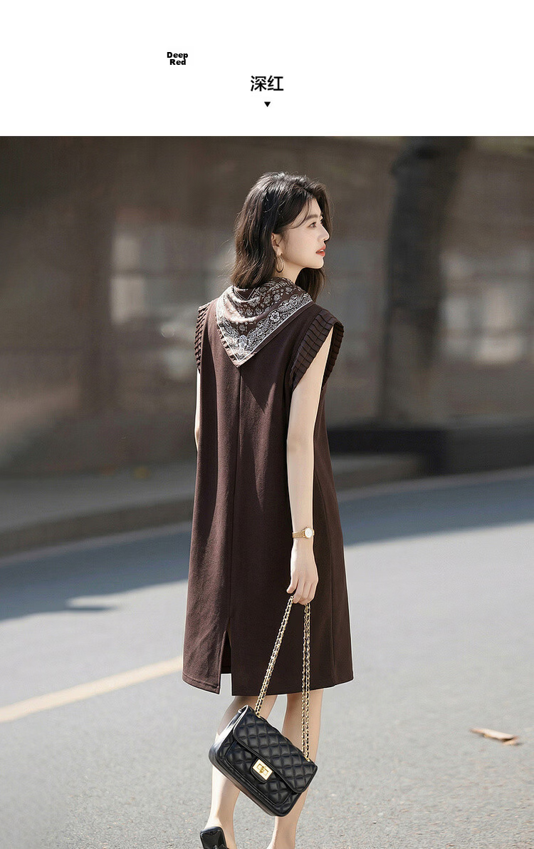 Demana Silent Breath Summer Elegant Urban Sleeveless Mid-Length Dress with Scarf and Pleated Round Neck Splicing 12