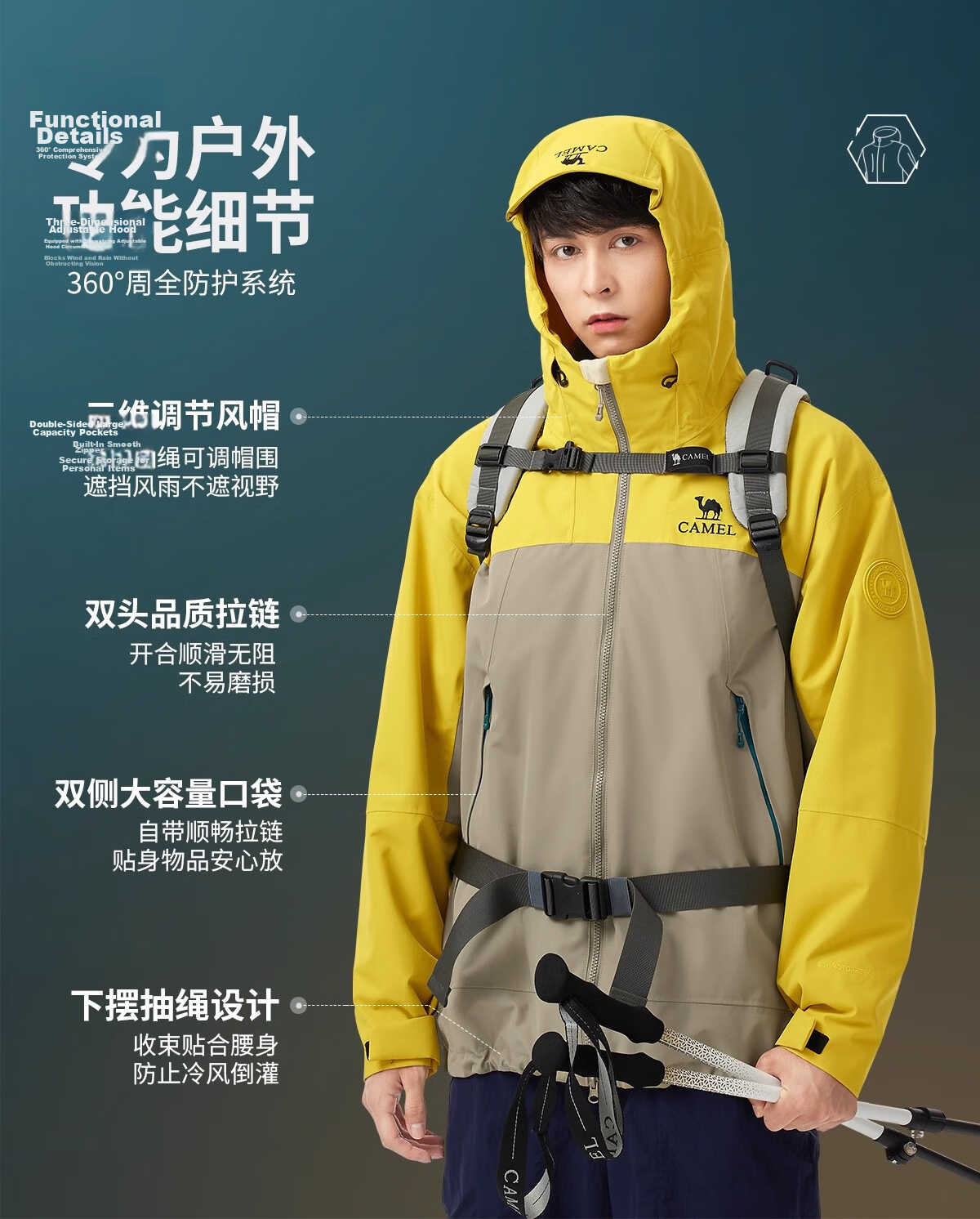 CAMEL [Wang Junkai Edition] Unisex 3-in-1 Waterproof Shell Jacket Outdoor Coat 13