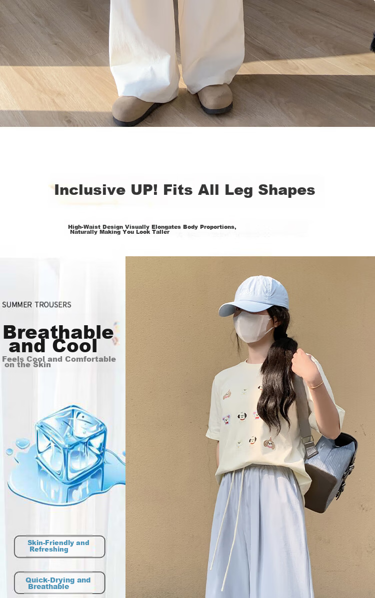 BOPRUIEY Women's Casual Summer Pants 2025 Thin High Waist Draped Loose Quick-Dry Straight-Leg Wide-Leg Lazy Style Ice Silk Pants 7