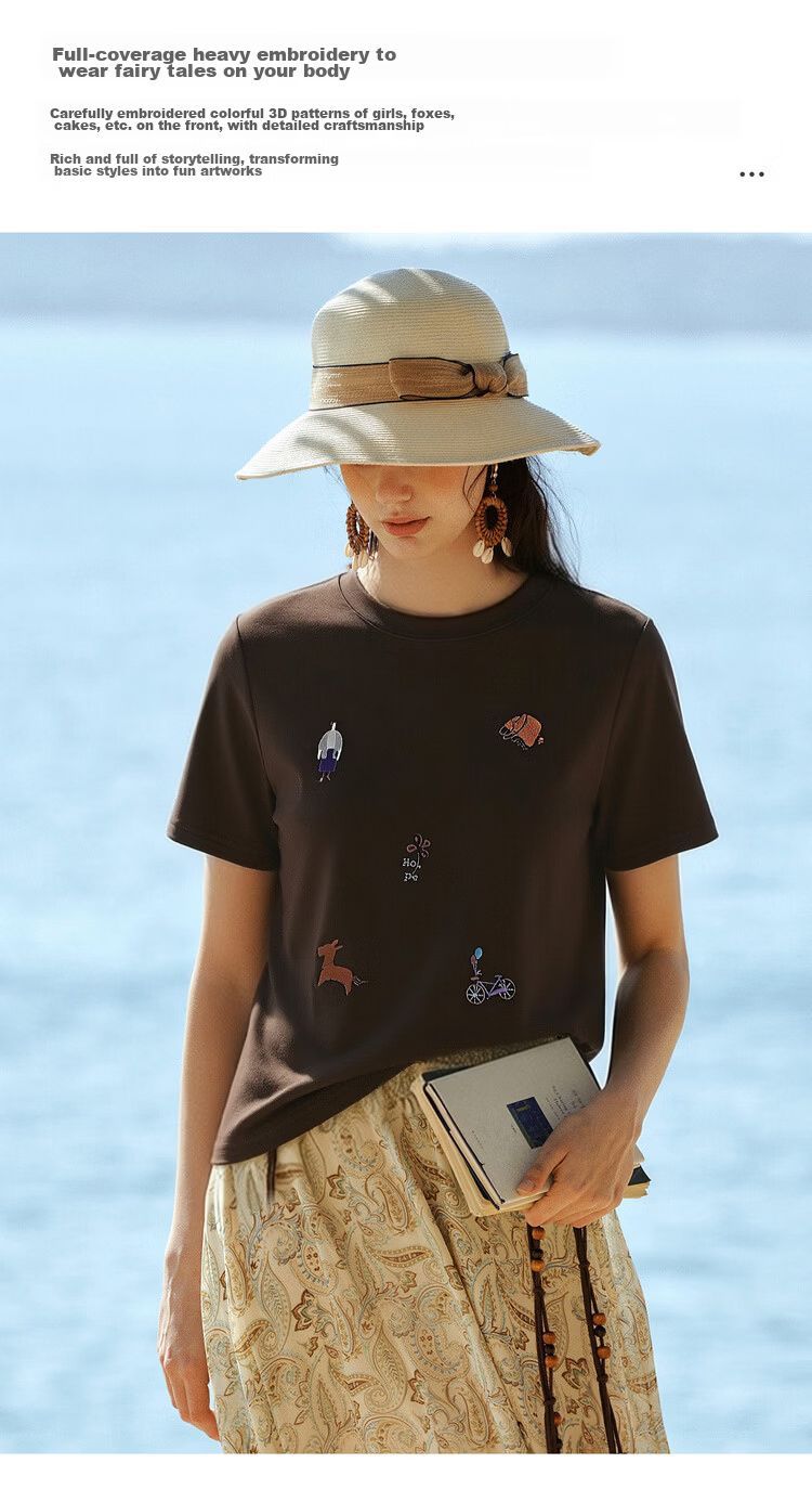 Olrain Classic Embroidered Crew Neck Short Sleeve T-Shirt Women Summer New Commuter Casual Top Brown XL 7