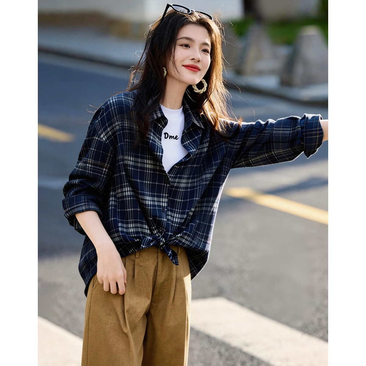 Demana [Stylish Everyday] Spring Vintage Lapel Plaid Drop Shoulder Loose Slimming Concealing Shirt for Women High-End Feel