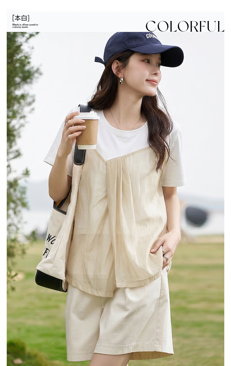 Demana [Comfort Sorona] Summer Elegant Color-Block Crew Neck Short Sleeve Fashion Slim Fit Versatile Women's T-Shirt 1