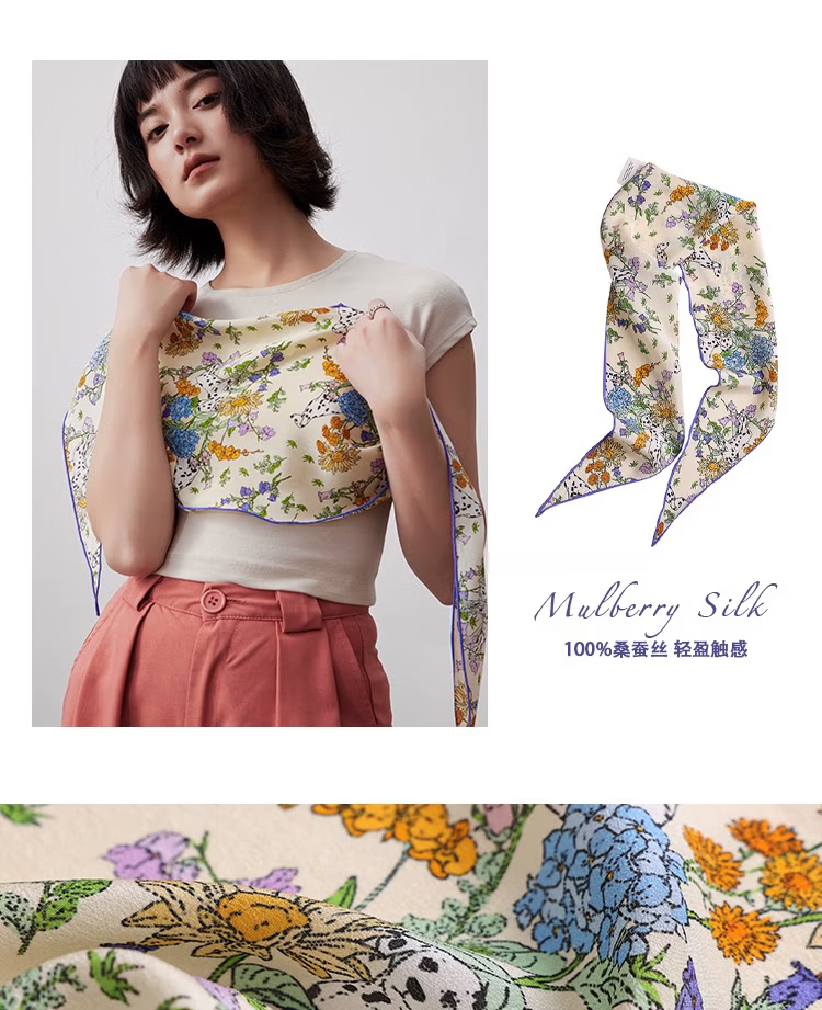 Lagur "French Wonderland" 100% Mulberry Silk Small Scarf 12 Momme Silk Triangle Neck Scarf Spring Autumn Cream Yellow 5
