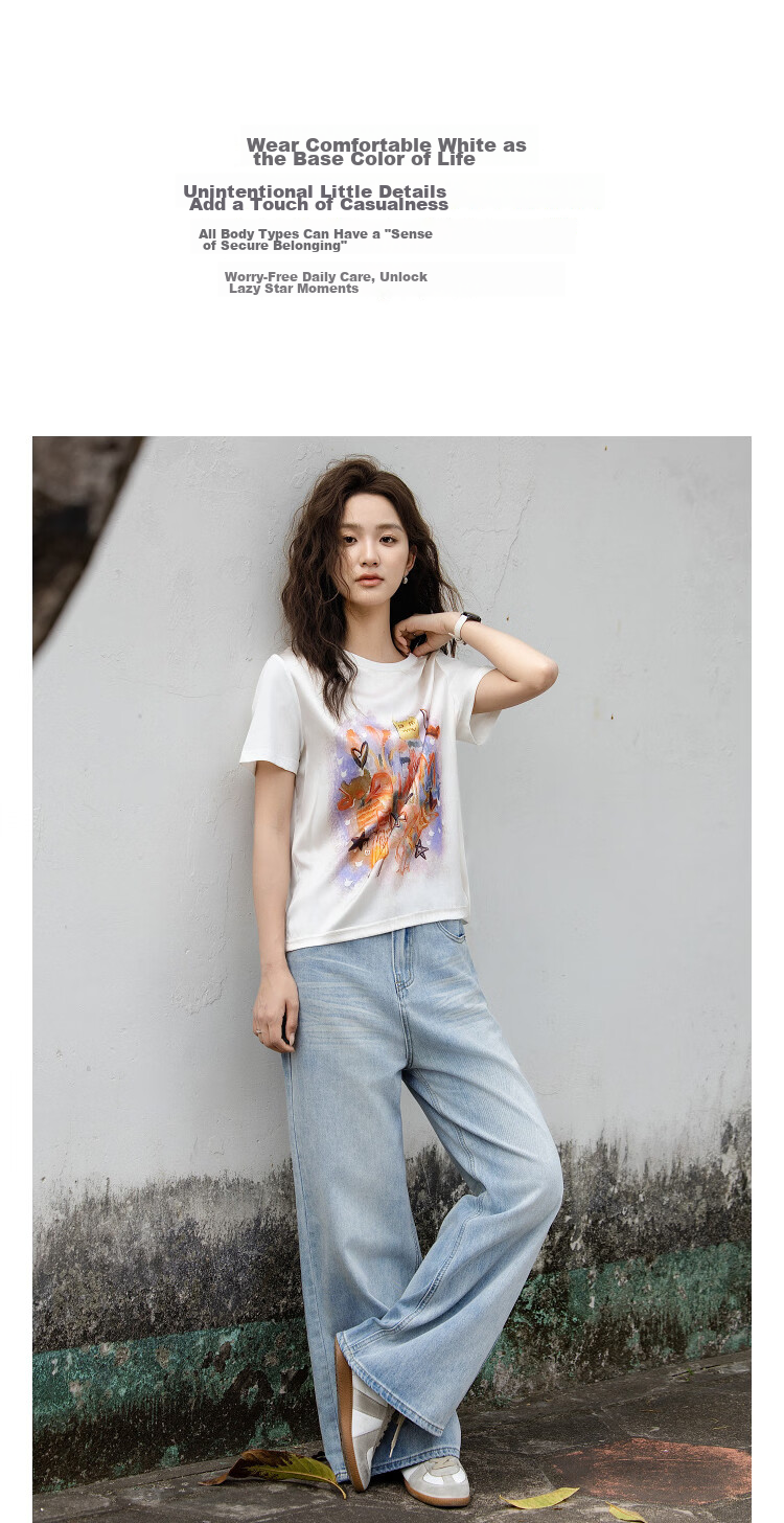 Demana [Cooling Black Technology] Summer Sorona Spliced Mulberry Silk Round Neck Printed Slimming Concealing T-Shirt for Women Premium 3