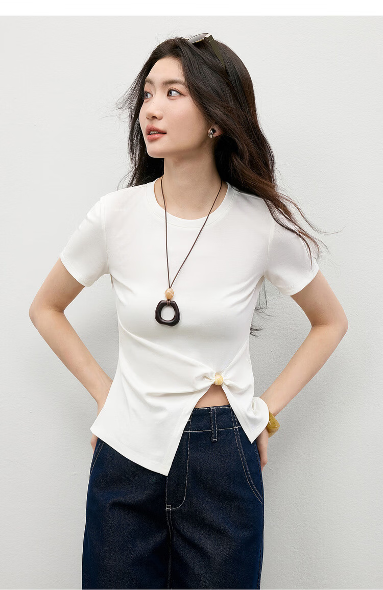 Shangdu Bila Lenzing Cotton T-Shirt Women Spring Summer Korean Style Round Neck Split Hem Beaded Twist Slim Fit Layering Top 19
