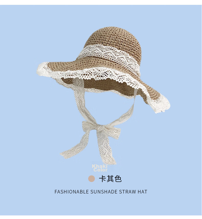 FitonTon Women's Summer Sun Hat Beach Outdoor Straw Hat Korean Style Travel Sun Hat with Tie Hollow Lace Edge Straw Braided Hat 15