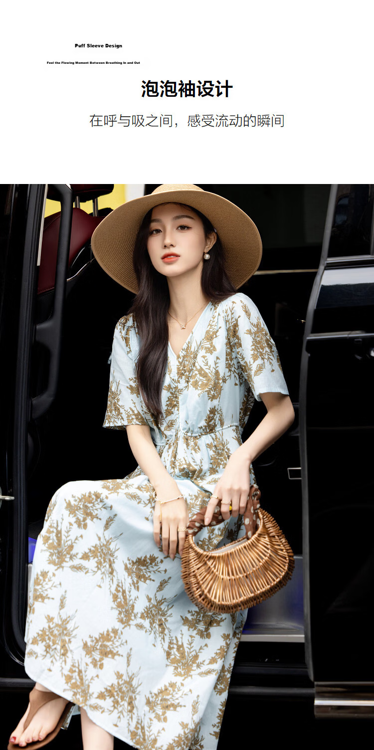 Demana Fresh Cotton Summer Vacation Style V-Neck Puff Sleeve Waist-Cinched Flared Slimming Dress for Women Premium 7