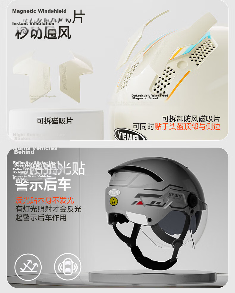 YEMA 3C Certified New National Standard Electric Vehicle Helmet Women Summer Sun Protection Dual Lens Motorcycle Half Helmet Men Summer Riding Electric Scooter Safety Helmet 371S Ceramic White with Tr 21