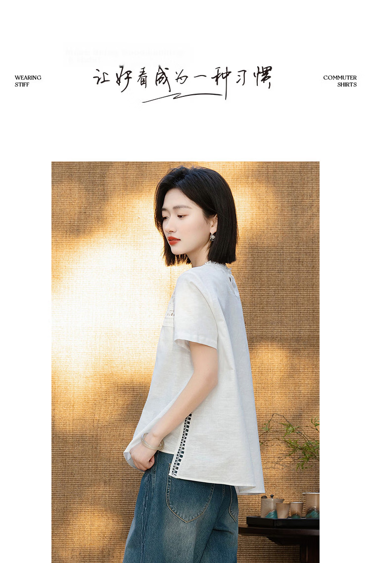 Demana Fresh Cotton Summer Elegant Urban Lace Splice Short Sleeve Loose Slimming Shirt for Women High-End Feel 9