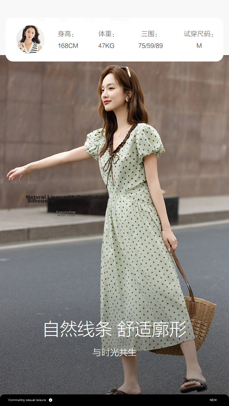 Demana Oxygen Pure Cotton Summer Sweet Polka Dot Colorblock Tie V-Neck Puff Sleeve Waist-Cinched Dress for Women Premium Quality 9