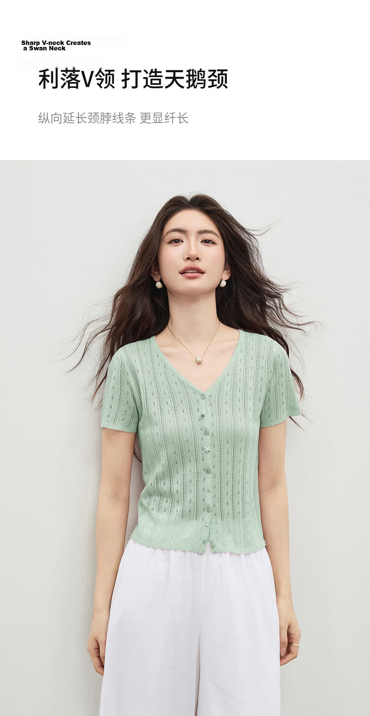 Shangdu Bira Linen Lyocell Knitwear Women Spring Summer Sweet Youthful V-Neck Hollow Texture Short Sleeve Cardigan Top 9