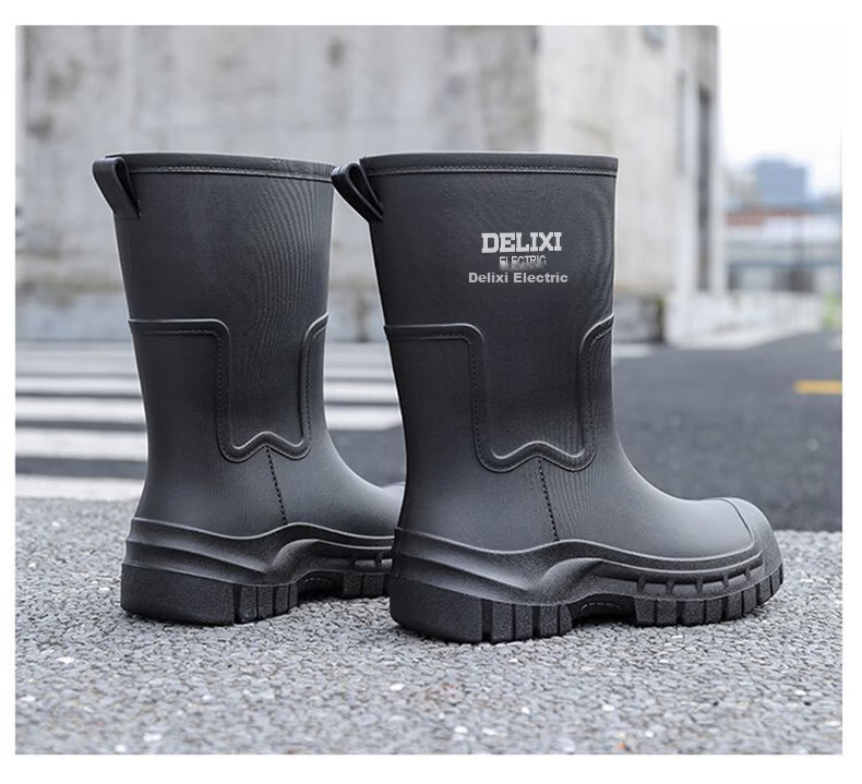 Delixi Electric Fashion Women's Rain Boots Black Mid-Calf 25CM Adult PVC Waterproof Slip-Resistant Durable Water Shoes 16