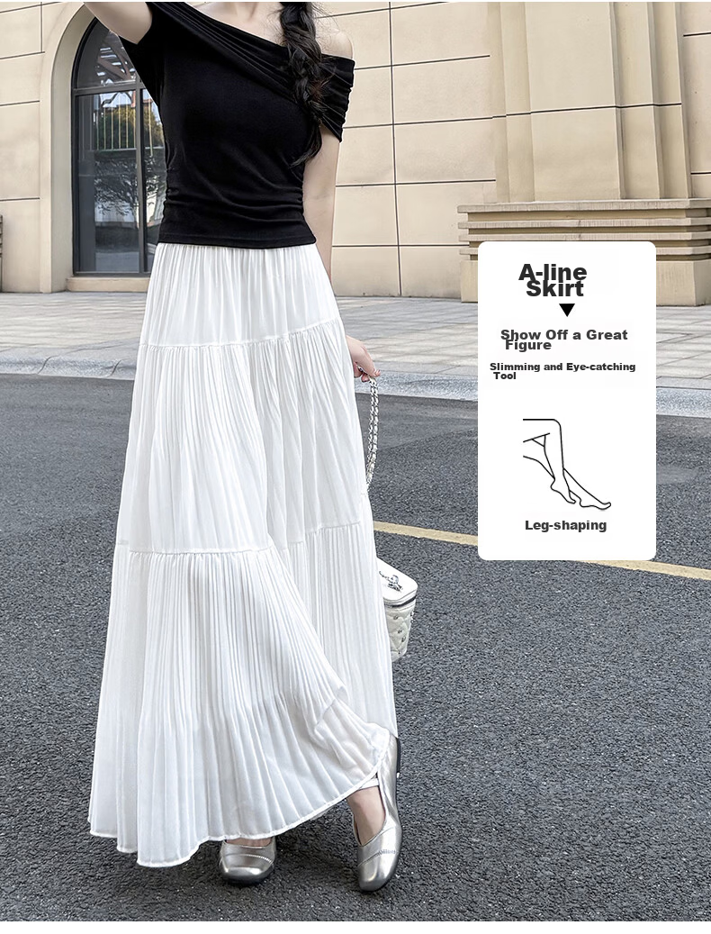 Langsha Pleated Mesh Midi Skirt for Women Spring Summer Draped Chiffon Cake Skirt High Waist Slim A-Line Flared Skirt 14