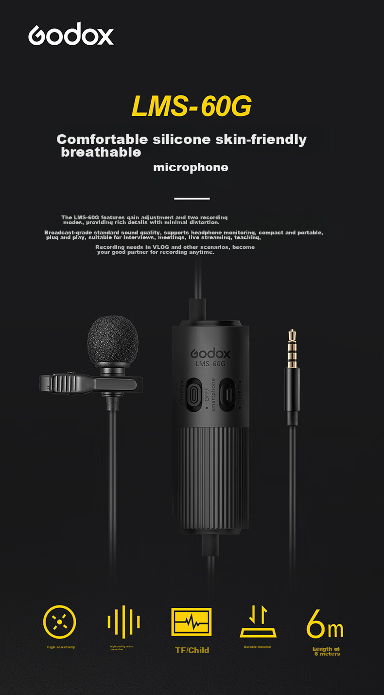 Godox LMS-60G Lavalier Microphone Omnidirectional Live Streaming Equipment for Video Recording, VLOG Audio Recording, Mobile Phones, Computers, DSLR Cameras 1